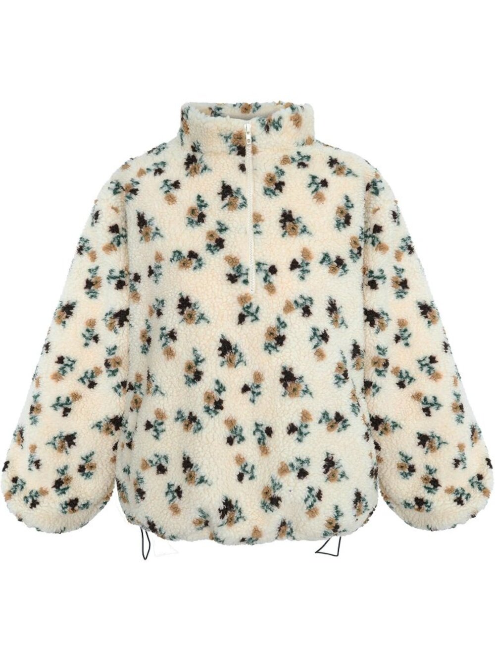 Women's Beige Floral Sherpa Quarter ZIP Pullover Oversized Fleece Sweatshirt
